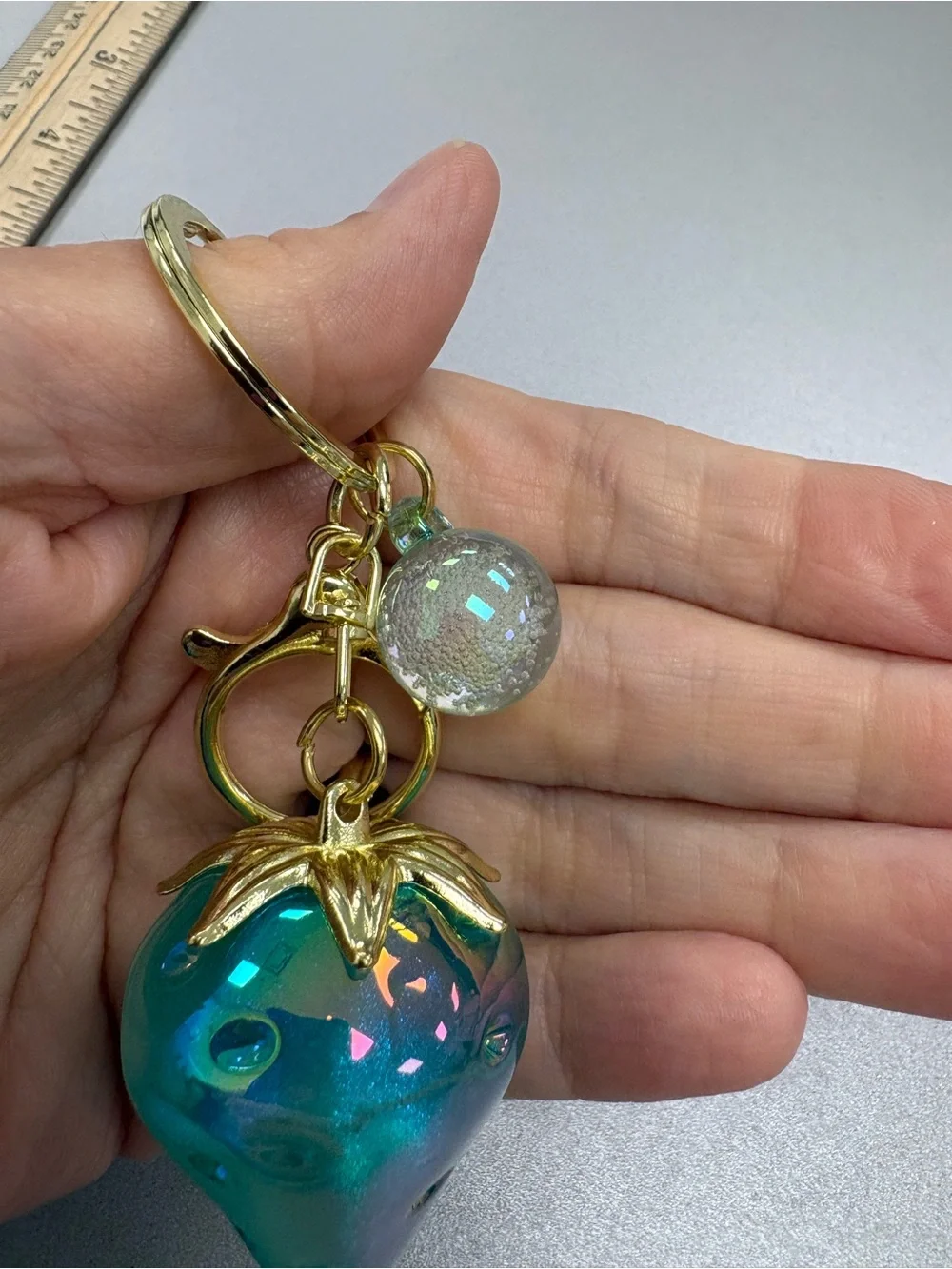 Iridescent Blue Green Strawberry Bag Charm Keychain Gold Accents